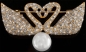 Preview: Brosche 2 Schwäne BR02 goldfarben mit Perle mit vielen weissen Strass Steinen