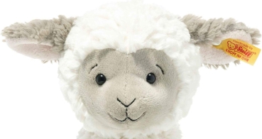 Steiff 073427 Original Plüschtier Lita Lamm, Soft Cuddly Friends Kuscheltier ca. 30 cm, Markenplüsch mit Knopf im Ohr, Schmusefreund für Babys von Geburt an, weiß-braungrau