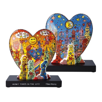 Goebel Figur James Rizzi Heart times in the City Porzellan Holzsockel Vorder- und Rückseite mit unterschiedlichem Dekor 26102831