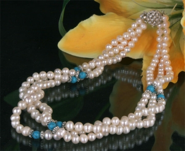 Zucht-Perlen-Collier P901 3-reihig weiß mit Türkisen Perlencollier 44cm NEU