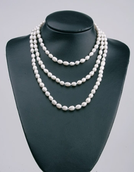 Echte Zucht-Perlenkette P047 weiß 8-10mm ca.150cm oval Barock Perlencollier NEU