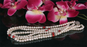 Zucht-Perlen-Collier P902 3-reihig weiß mit Schaumkoralle Perlencollier 44cm NEU