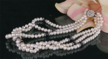 Zucht-Perlen-Collier P903 3-reihig weiß mit Amethyst Perlencollier 44cm NEU