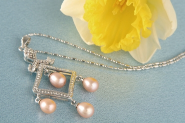 Perlencollier m. Staßsteinen P291 Lachsfarben ca. 41cm Zucht Perlen 8mm Perlenkette