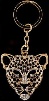 Schlüssel- Taschenanhänger AH02 Leopard goldfarben mit vielen weissen Strass Steinen 