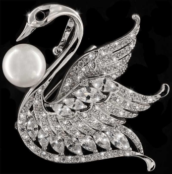 Brosche BR028 mit einer Pele Schwan silberfarben Strass Steine Weiß und Schwarz BR038