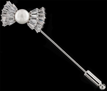 Brosche Krawattennadel BR034 Fliege mit schönder Perle und vielen weissen Strass Steinen silberfarben BR034