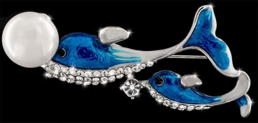 Brosche silberfarben Delfine BR039 mit Perle Körper Blau silberfarben mit vielen weissen Strass Steinen