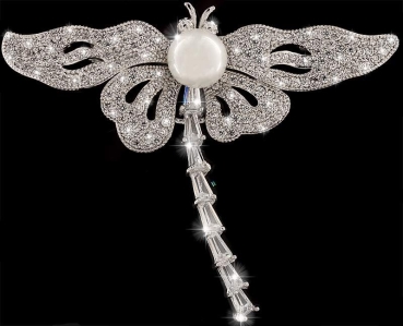 Brosche Libelle BR024 silberfarben mit einer Perle und vielen weissen Strass Steinen