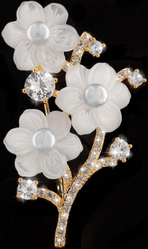 Brosche Drei Perlmutt Blüten BR017 Perlmut goldfarben mit Drei Perlen und vielen weissen Strass Steinen