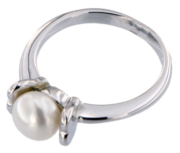 Damen Ring Perlenring versilbert, rhodiniert, 1 Perle ca. 6-7mm weiß, handgearbeitet, versilbert, rhodiniert P225 Größe US 6.5 Standard 54  GY015