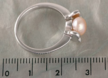 Damen Ring Perlenring 1 Perle ca. 6-7mm, Rose Orange, handgearbeitet, versilbert, rhodiniert P224