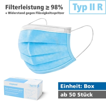 Medizinischer Mund- und Nasenschutz - Typ IIR (Box) MNS Typ IIR Widerstand gegen Flüssigkeitsspritzer  (Filterleistung mind. 98%)