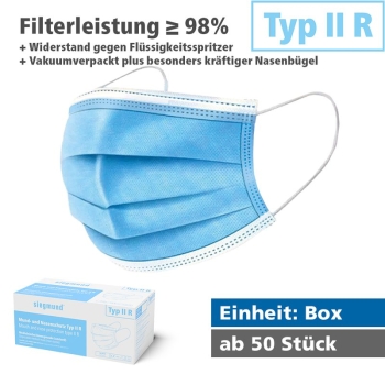 Medizinischer Mund- und Nasenschutz - Typ IIR (Box) MNS Typ IIR Widerstand gegen Flüssigkeitsspritzer Vakuumverpackt (Filterleistung mind. 98%)