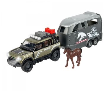 Majorette - Land Rover Defender mit Pferdeanhänger  hochwertiges Modellgespann mit Spielzeugpferd, Licht, Sound, vielen Funktionen, für Sammler und Kinder ab 3 Jahren