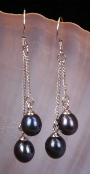 Doppelte Süßwasser Zucht-Perlen-Ohringe Schwarz 925 Silber