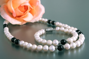 Echte Zucht-Perlen-Kette+Armband P019 weiß/Onyx
