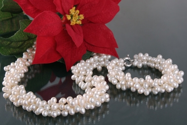 Echte Zucht-Perlen-Kette+Armband Set P043 weiß 3-reihig Perlen-Collier