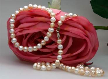 Echtes Zucht-Perlenset weiss-rose 7-8mm Armb.+Kette NEU