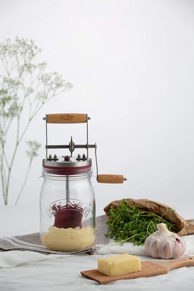 Kilner 0025.352 Butter Fass 1 Liter glas transparent Butterfass mit Drehkurbel Butter-Maschine Butter-Macher Butter-Milch 1l