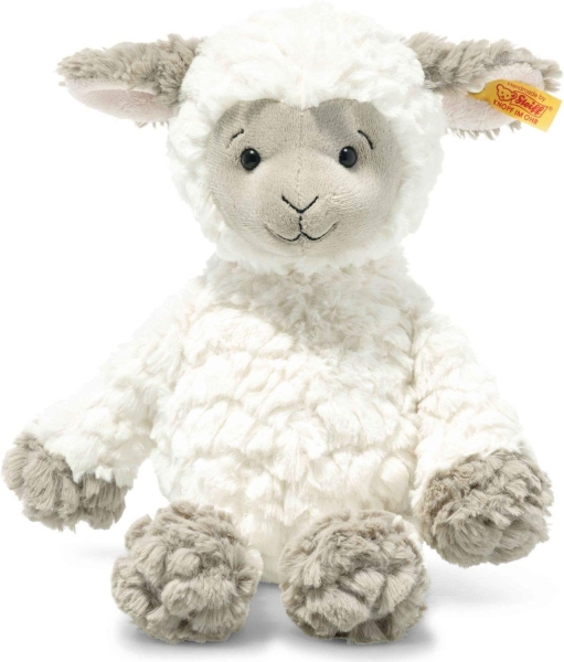 Steiff 073427 Original Plüschtier Lita Lamm, Soft Cuddly Friends Kuscheltier ca. 30 cm, Markenplüsch mit Knopf im Ohr, Schmusefreund für Babys von Geburt an, weiß-braungrau