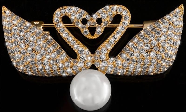 Brosche 2 Schwäne BR02 goldfarben mit Perle mit vielen weissen Strass Steinen