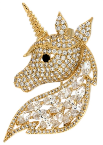 Brosche goldenes Einhorn BR017 mit vielen weissen Strass Steinen