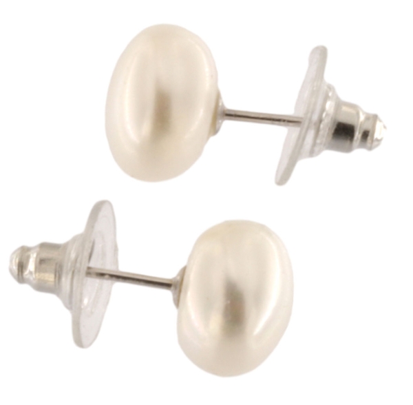 Damen Ohrstecker Ohrringe aus weißen Button-Shape Süsswasser Zuchtperlen Stecker aus 925 Sterling Silber Silicon-Teller mit Metaleinlage Perlengröße 10-11mm