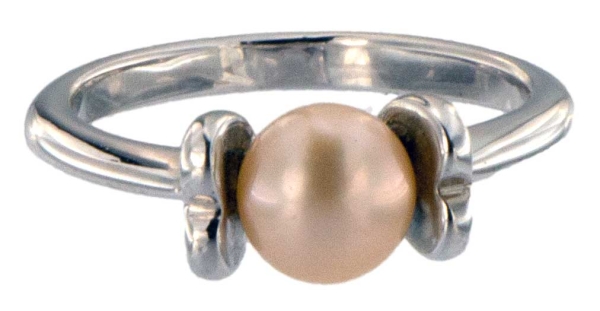 Damen Ring Perlenring 1 Perle ca. 6-7mm, Rose Orange, handgearbeitet, versilbert, rhodiniert P224