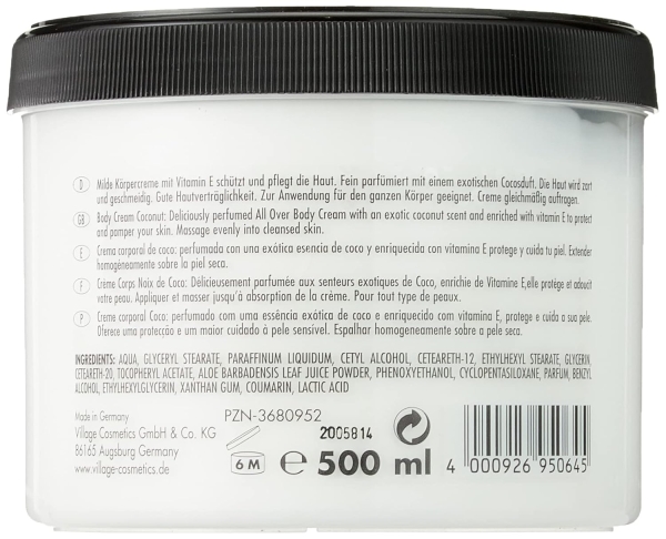 Village 9506-04 Coconut Body Cream 500ml mit Vitamin E Feuchtigkeitscreme