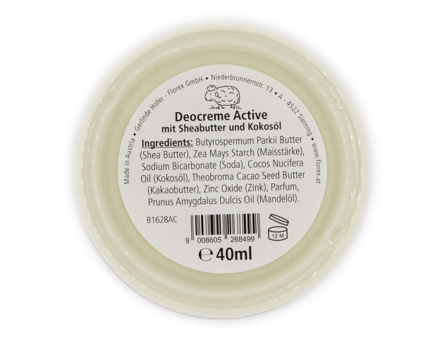 Deocreme 40ml, Active, sportlich-frisch, von Florex, frei von Aluminiumsalzen, Konservierungsmitteln und Alkohol