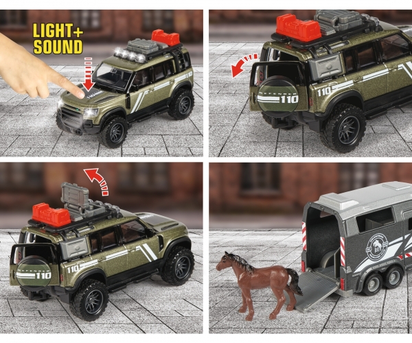 Majorette - Land Rover Defender mit Pferdeanhänger  hochwertiges Modellgespann mit Spielzeugpferd, Licht, Sound, vielen Funktionen, für Sammler und Kinder ab 3 Jahren