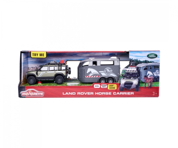 Majorette - Land Rover Defender mit Pferdeanhänger  hochwertiges Modellgespann mit Spielzeugpferd, Licht, Sound, vielen Funktionen, für Sammler und Kinder ab 3 Jahren