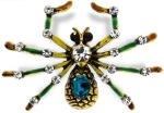 Brosche SpinneBR010  goldfarben mit blaume, schwarzen und weissen Strass Steinen