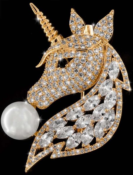 Brosche Einhorn goldfarben mit Perle und vielen weissen Strass Steinen BR037