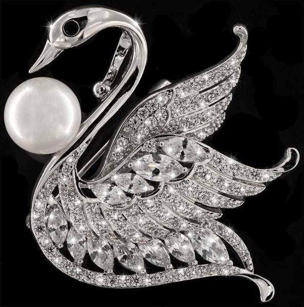 Brosche Schwan silberfarben mit einer Perle, schwarzen und vielen weissen Strass Steinen BR038