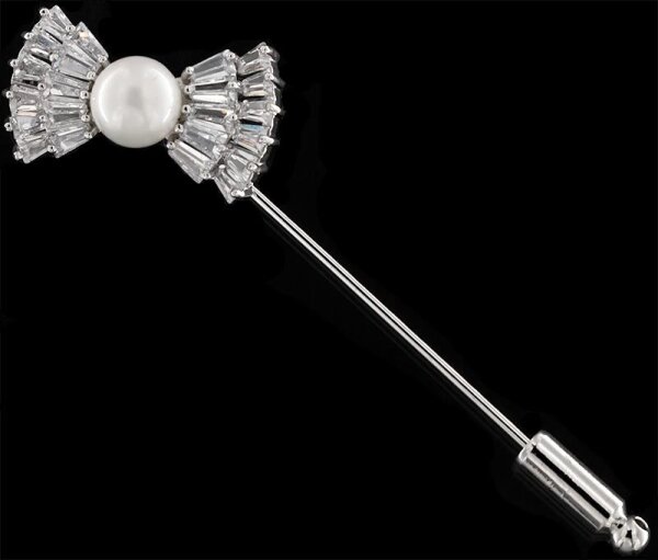 Anstecknadel Brosche Fliege silberfarben mit einer Perle und vielen weissen Strass Steinen BR034