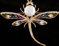 Brosche Libelle goldfarben mit Perle, schwarzen und...