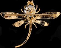 Brosche Libelle goldfarben mit Perle, schwarzen und...