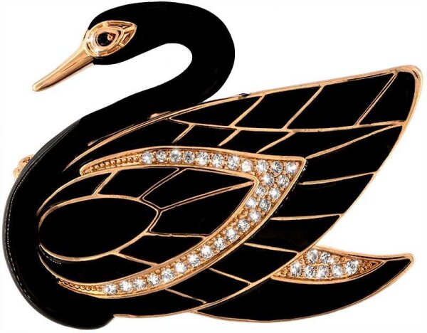 Brosche Schwarzer Schwan roségoldfarben mit vielen weissen Strass Steinen BR041
