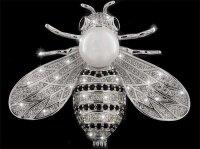 Brosche Fliege silberfarben mit Perle, schwarzen und...