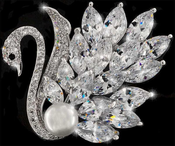 Brosche Schwan silberfarben mit Perle und vielen weissen Strass Steinen BR025