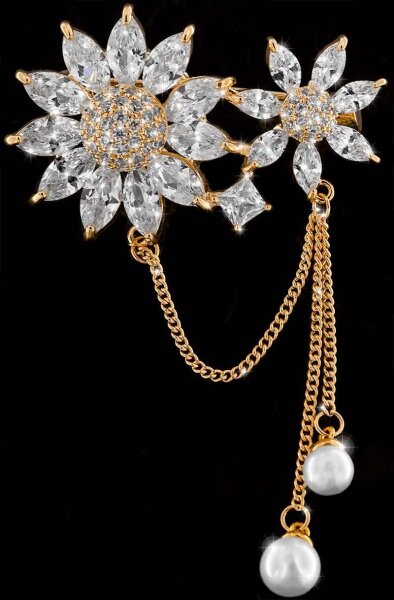 Brosche 2 Blüten goldfarben mit Perlen und vielen weissen Strass Steinen BR028