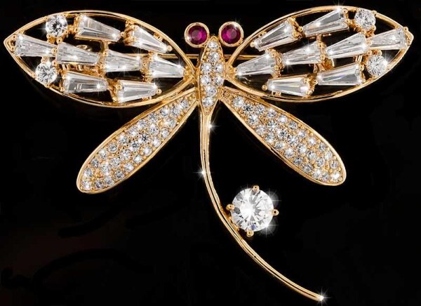 Brosche Libelle goldfarben und mit roten und vielen weissen Strass Steinen BR027