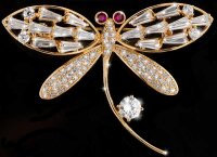 Brosche Libelle goldfarben und mit roten und vielen weissen Strass Steinen BR027