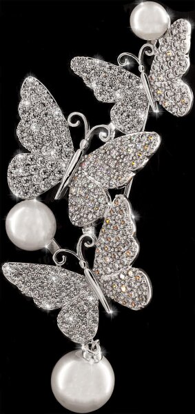 Brosche 3 Schmetterlinge silberfarben mit 3 Perlen und vielen weissen Strass Steinen BR020