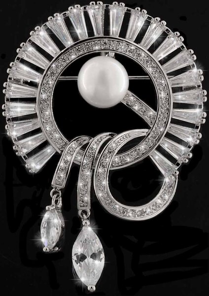Brosche Sonne silberfarben mit Perle und vielen weissen Strass Steinen BR022