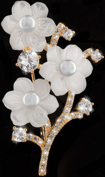 Brosche 3 Blüten Perlmut goldfarben mit 3 Perlen und vielen weissen Strass Steinen BR017