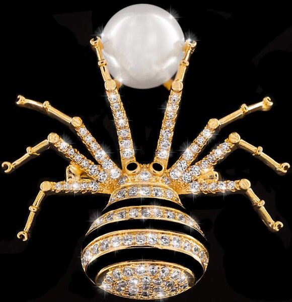 Brosche Spinne goldfarben mit einer Perle, schwarzen und vielen weissen Strass Steinen BR014