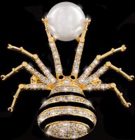 Brosche Spinne goldfarben mit einer Perle, schwarzen und...